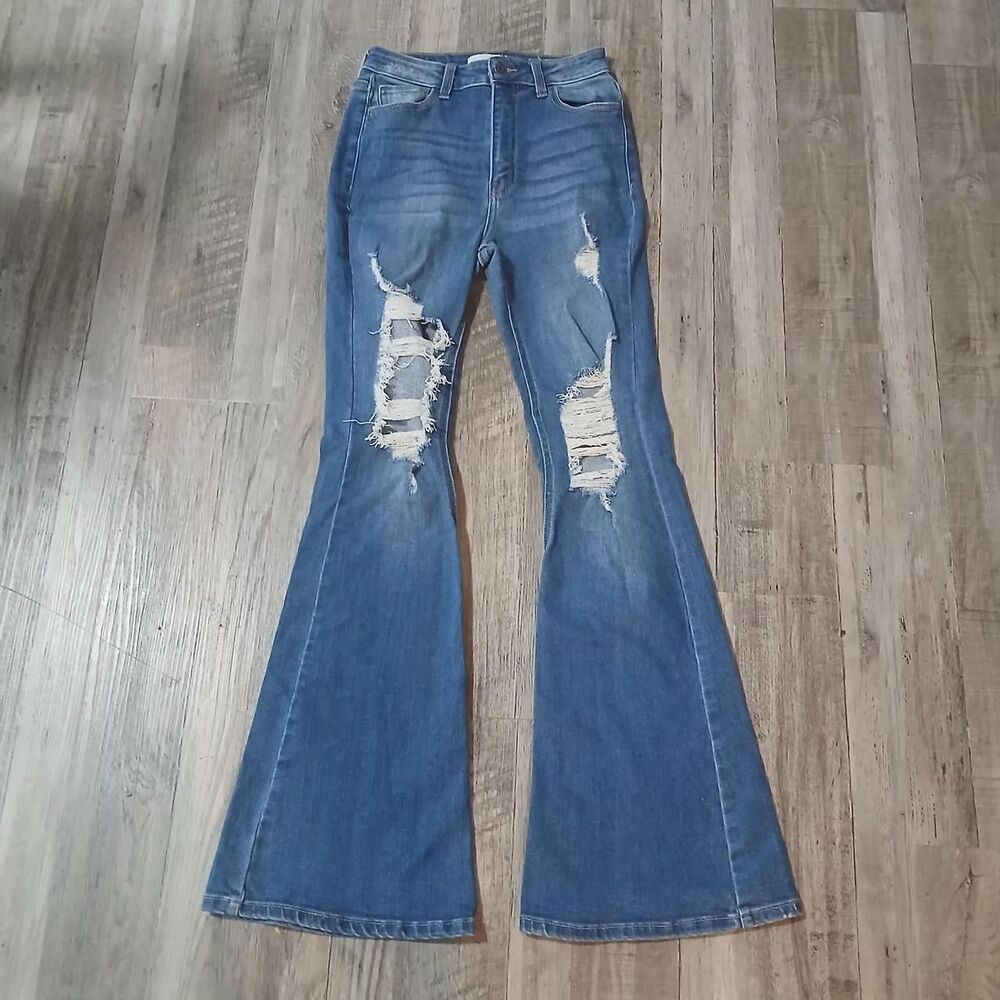 Cello Women's Flared Distressed Blue Jeans Size 3